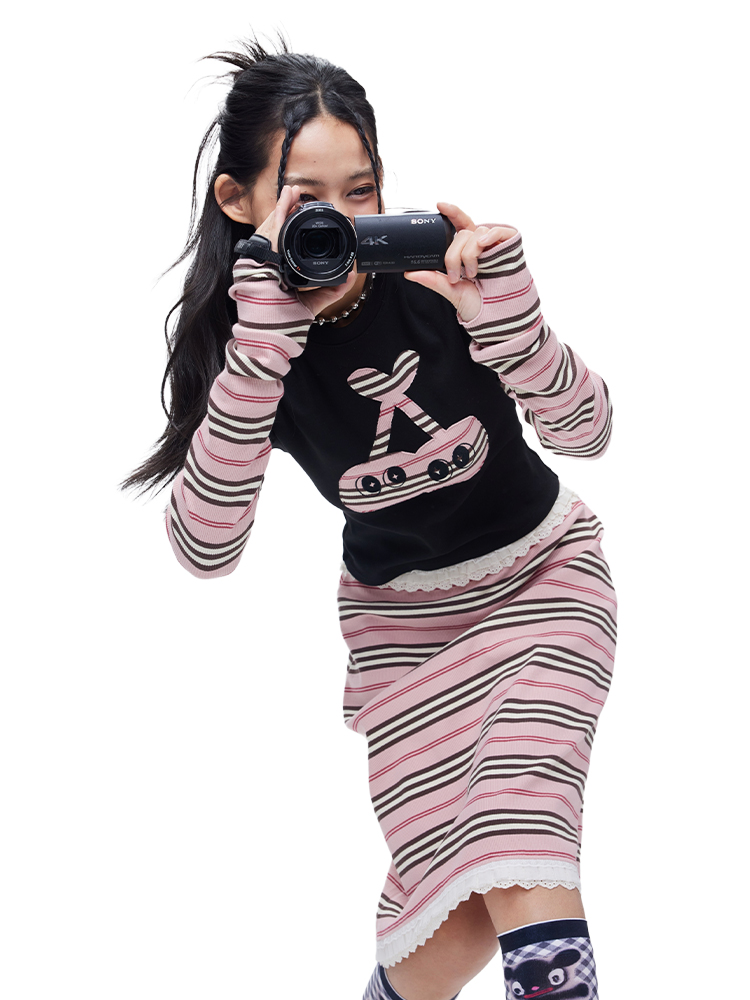 Black Cherry Patchwork Long Sleeve T-Shirt and Striped Skirt Set - Trendy Y2K Fake Two-Piece Outfit for Stylish Women
