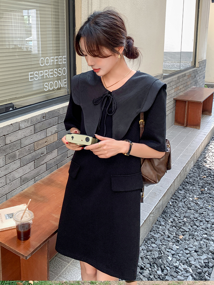 Black Doll Collar T-Shirt Dress for Women - Summer 2025, Loose Casual Style, Age-Reducing, Unique and Beautiful Design