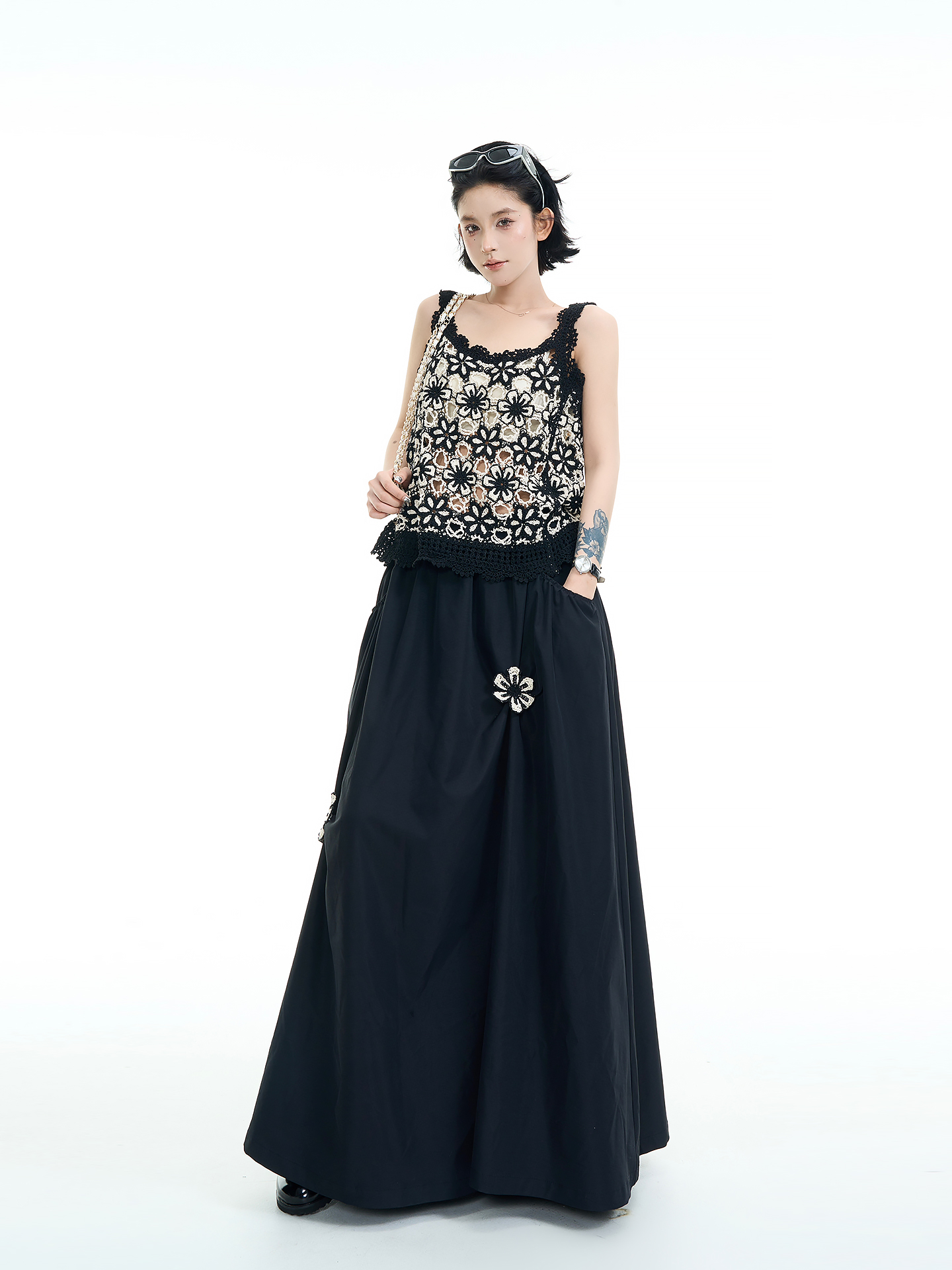 Black Embroidered High-Waisted Draped A-Line Skirt for Women - Summer Korean Style Loose Flared Skirt