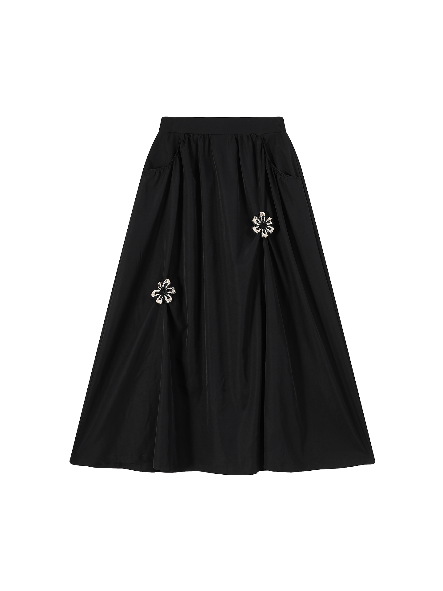 Black Embroidered High-Waisted Draped A-Line Skirt for Women - Summer Korean Style Loose Flared Skirt