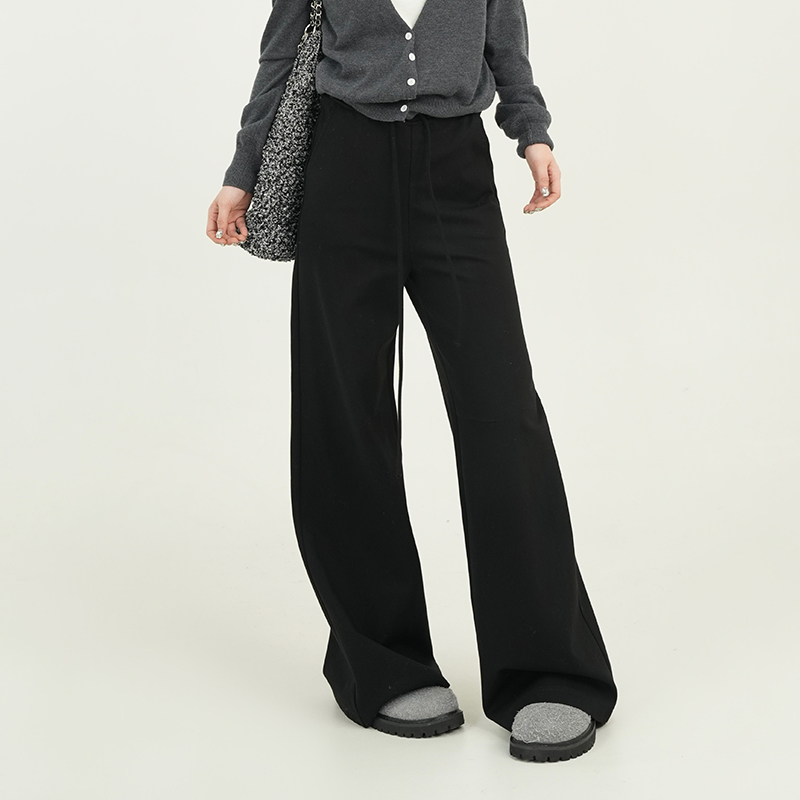 Black Fleece High-Waisted Straight-Leg Casual Pants for Women - Korean Style Loose Wide-Leg Trousers for Autumn and Winter