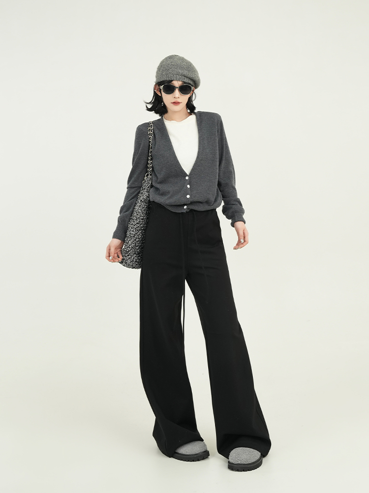 Black Fleece High-Waisted Straight-Leg Casual Pants for Women - Korean Style Loose Wide-Leg Trousers for Autumn and Winter