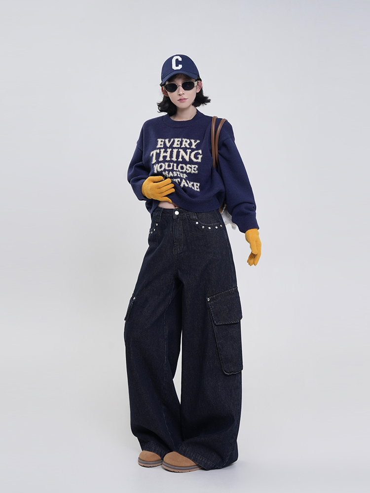 Black Fleece High-Waisted Wide-Leg Straight Jeans for Women - Korean Retro Loose Floor-Length Pants for Autumn & Winter