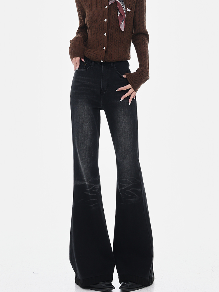 Black Fleece-Lined Flared Jeans for Women - Vintage Slim Fit Bootcut Pants - Autumn/Winter American Style