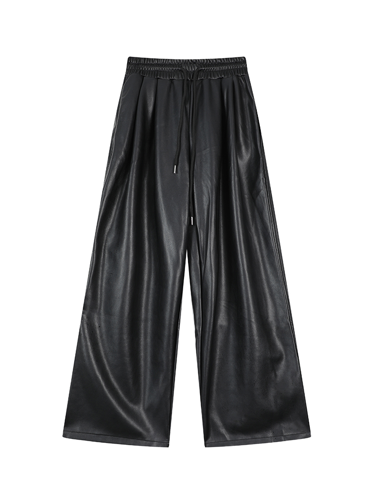Black High-Waisted Wide-Leg Straight Leather Pants for Women - Winter Korean Style Loose Versatile Floor-Length Trousers