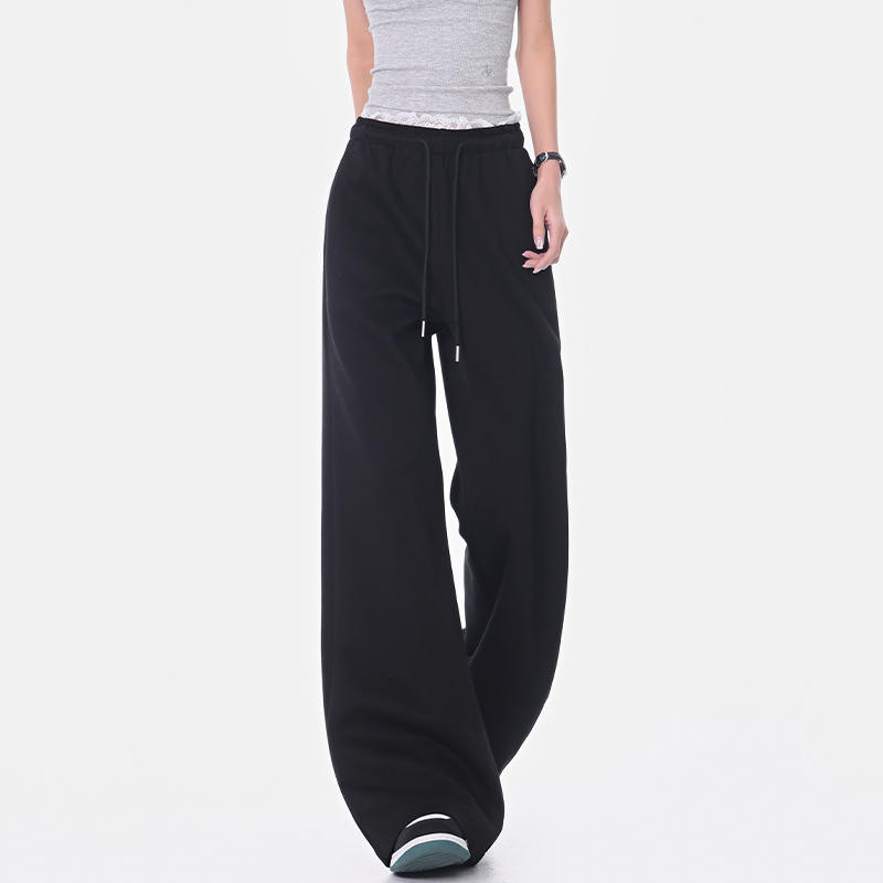 Black Lace Spliced Wide-Leg Casual Pants for Women - Flared Slimming Sweatpants for Spring/Summer Fashion