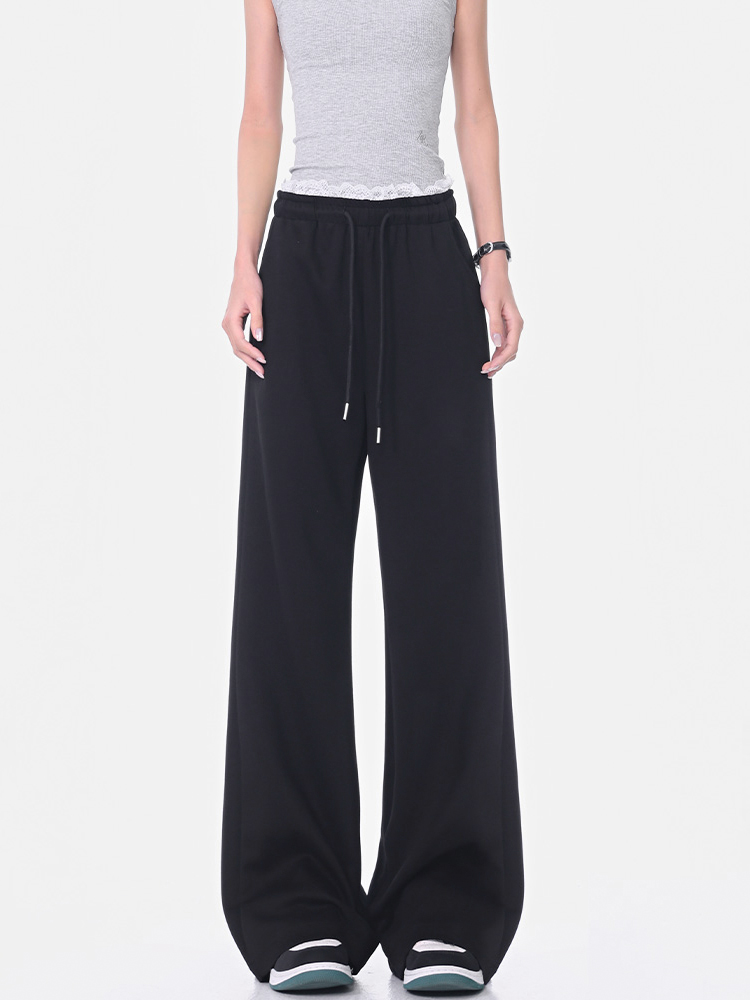 Black Lace Spliced Wide-Leg Casual Pants for Women - Flared Slimming Sweatpants for Spring/Summer Fashion
