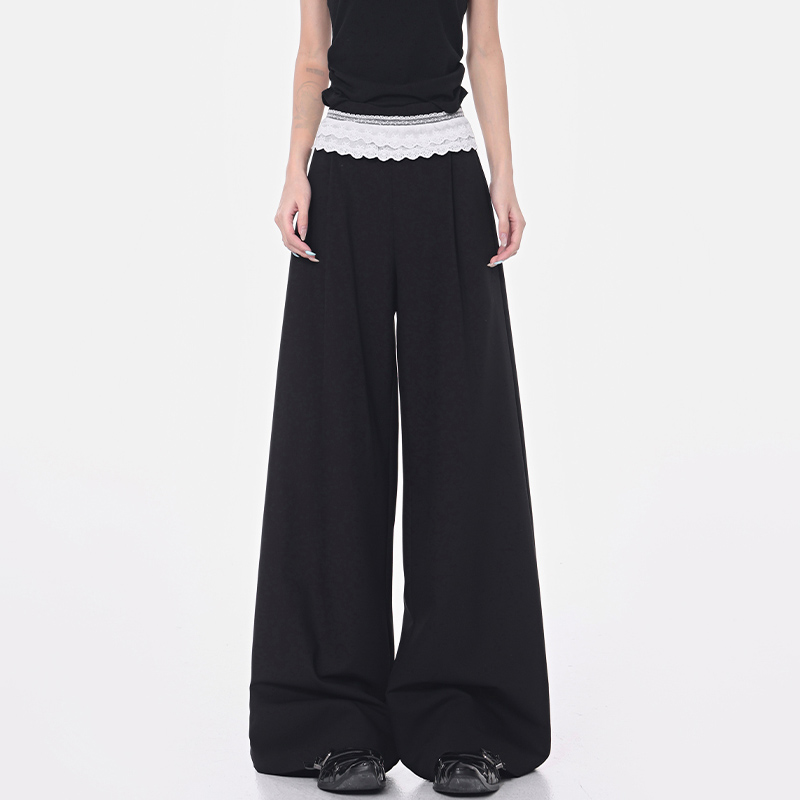 Black Lace Trim Spliced Wide-Leg Suit Pants for Women â€“ Summer Loose Draped Floor-Length Trousers in Trendy Y2K Style