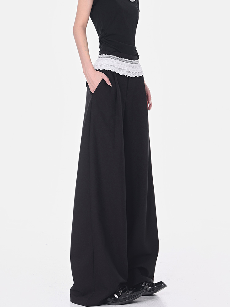 Black Lace Trim Spliced Wide-Leg Suit Pants for Women â€“ Summer Loose Draped Floor-Length Trousers in Trendy Y2K Style