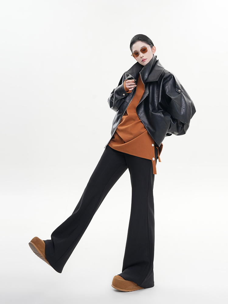 Black Lapel Long Sleeve Leather Jacket for Women - Spring Korean Style High-End Loose Casual Motorcycle Top