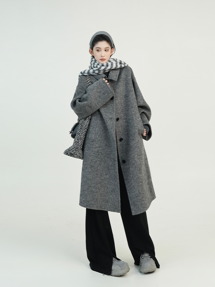 Black Lapel Long Sleeve Wool Coat for Women - Korean Style Loose Mid-Length Jacket for Autumn & Winter Fashion