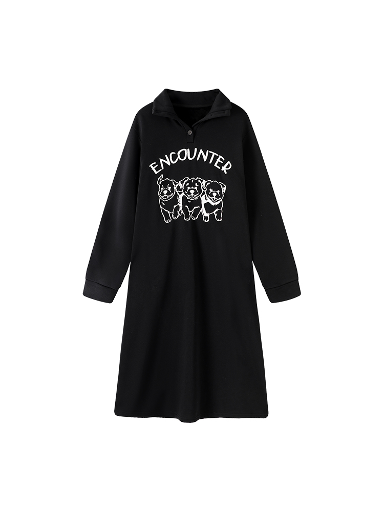 Black Printed Lapel Long Sleeve Fleece Sweatshirt Dress for Women - Autumn Winter Korean Style Loose Over-the-Knee Dress