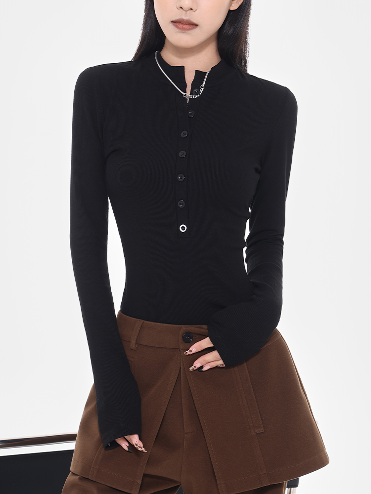Black Slim Fit Long Sleeve T-Shirt for Women with Half Open Collar and Straight Shoulders â€“ 2025 Early Spring Fashion Essential