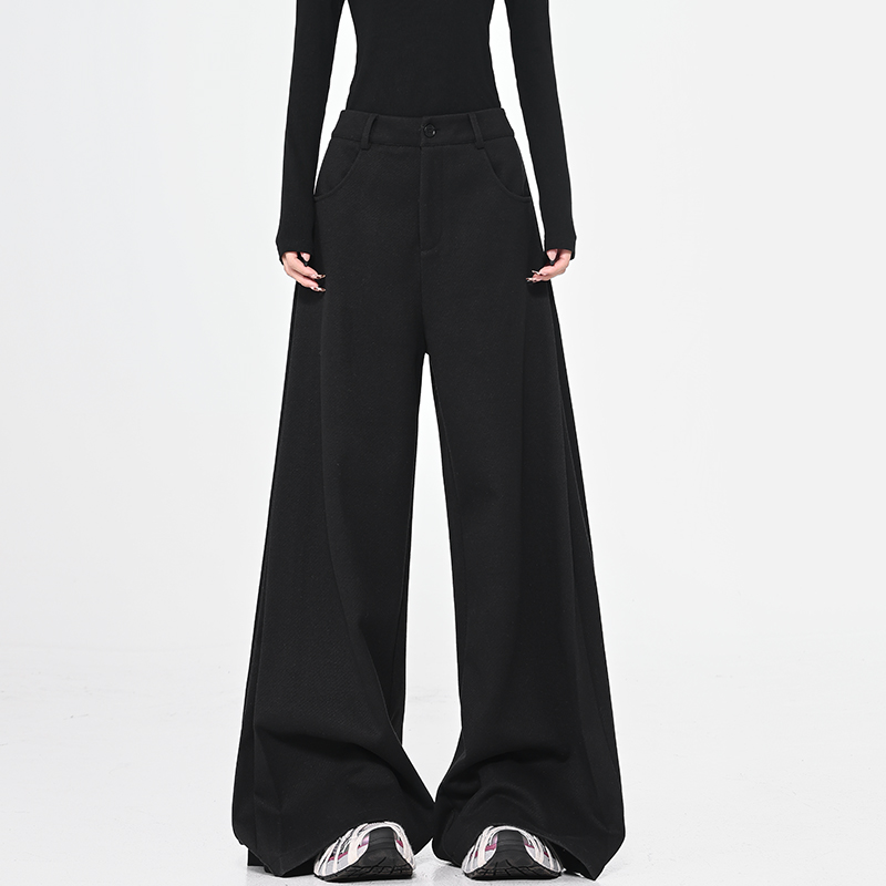 Black Thick Woolen Wide-Leg Suit Pants for Women - Autumn/Winter Floor-Length Trousers, Chic Fashion Essential