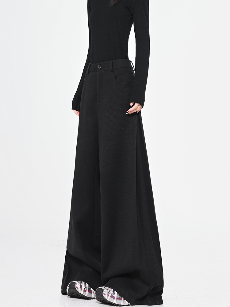 Black Thick Woolen Wide-Leg Suit Pants for Women - Autumn/Winter Floor-Length Trousers, Chic Fashion Essential