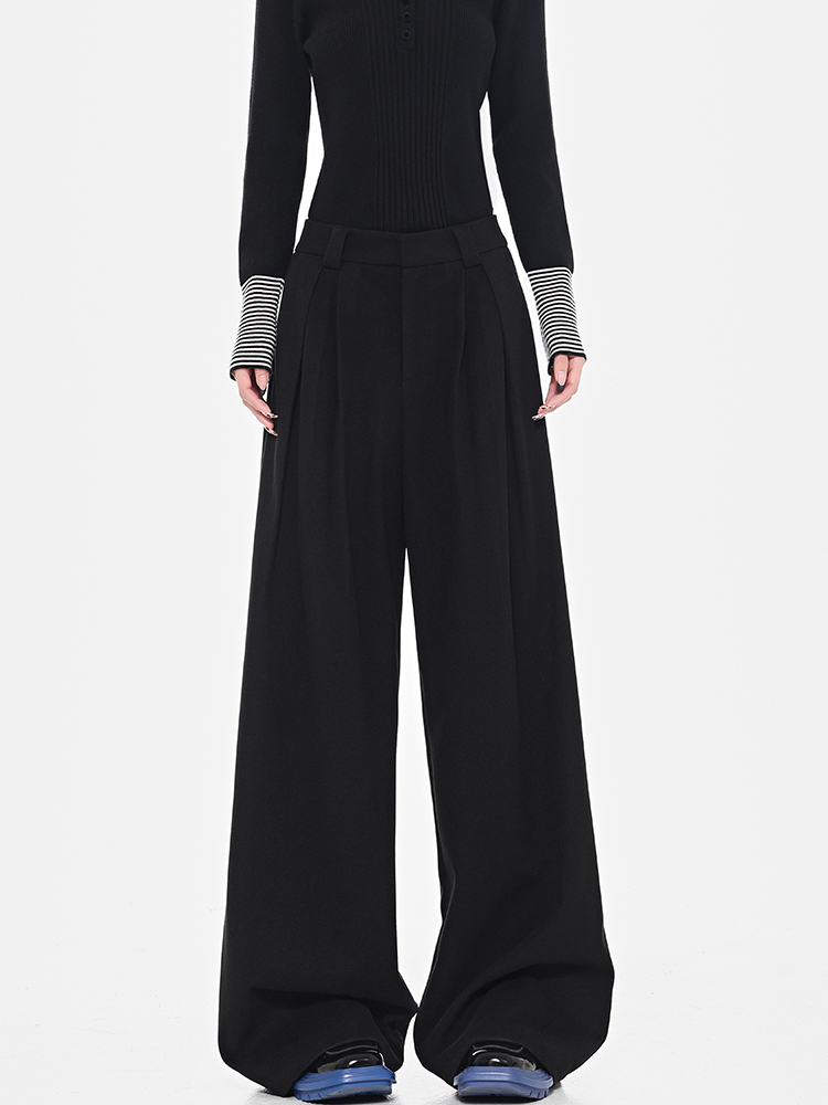 Black Thickened Woolen Wide-Leg Suit Pants for Women, Loose Slimming Fit, New Winter Style, Floor-Length, Trendy Fashion Essential