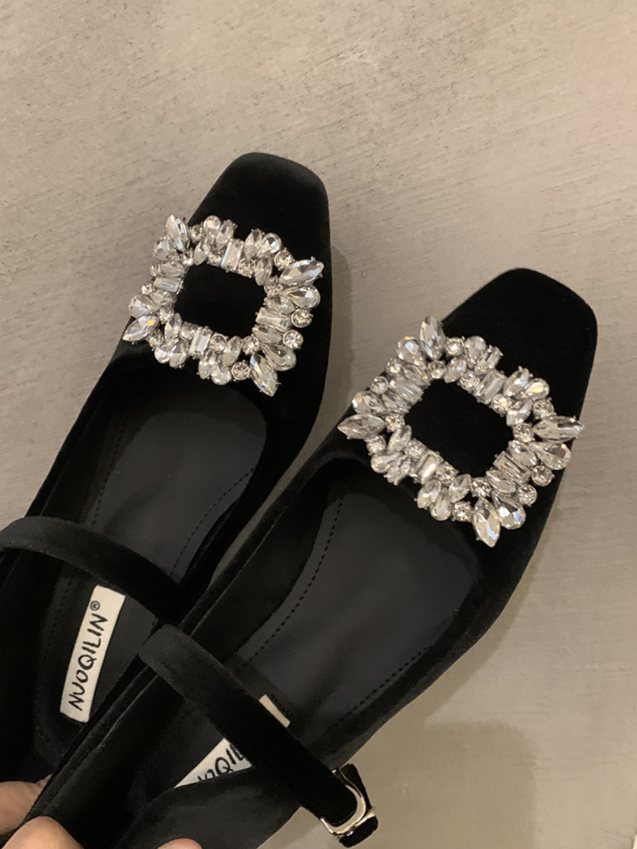 Black Velvet High Heels with Rhinestone Buckle â€“ Elegant Combat Shoes for Women, Perfect for New Year and Chic Skirt Outfits
