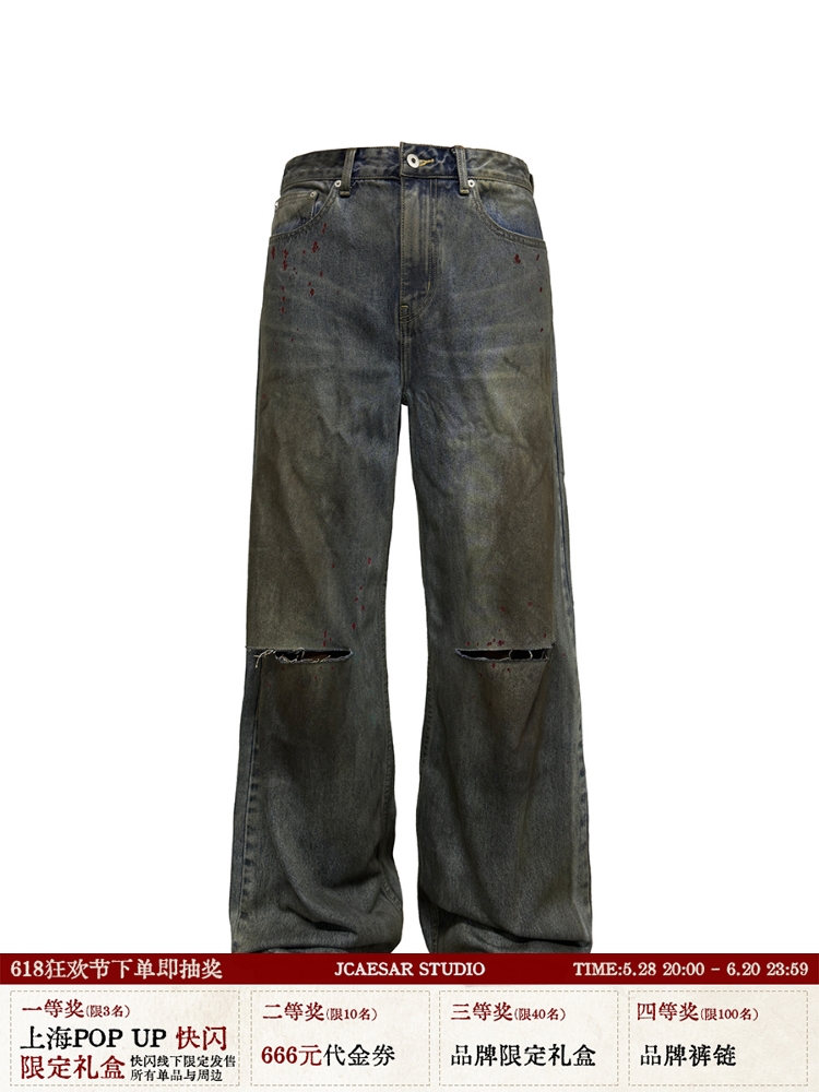 Bloodstained Knife-Cut Jeans - Heavy Wash Distressed Denim with Ink Splatter, Y2K Inspired Fashion