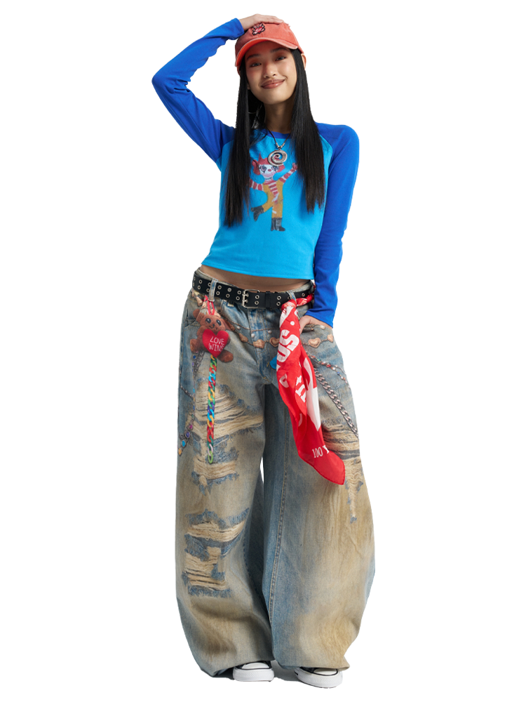 Blue Clown Print Raglan Long Sleeve T-Shirt - Artistic 90s Style Tee for Unique Streetwear Fashion