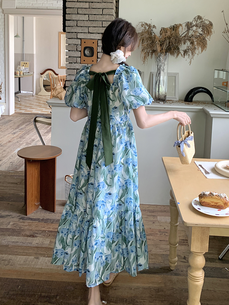Blue Floral Puff Sleeve Dress with Square Collar - French-Style Chiffon Vacation Dress for Women - Summer Relaxed Fit