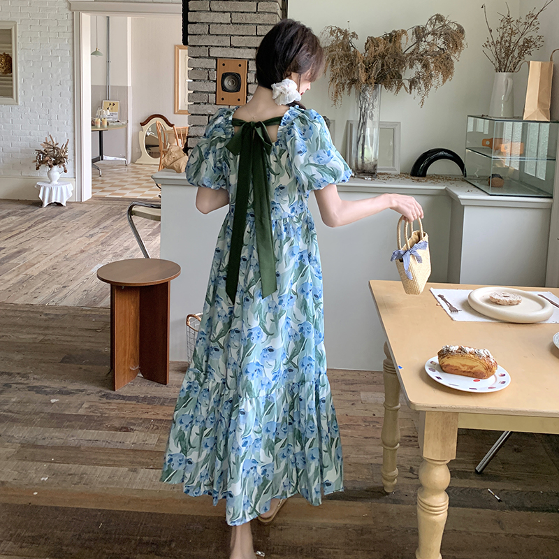 Blue Floral Puff Sleeve Dress with Square Collar - French-Style Chiffon Vacation Dress for Women - Summer Relaxed Fit