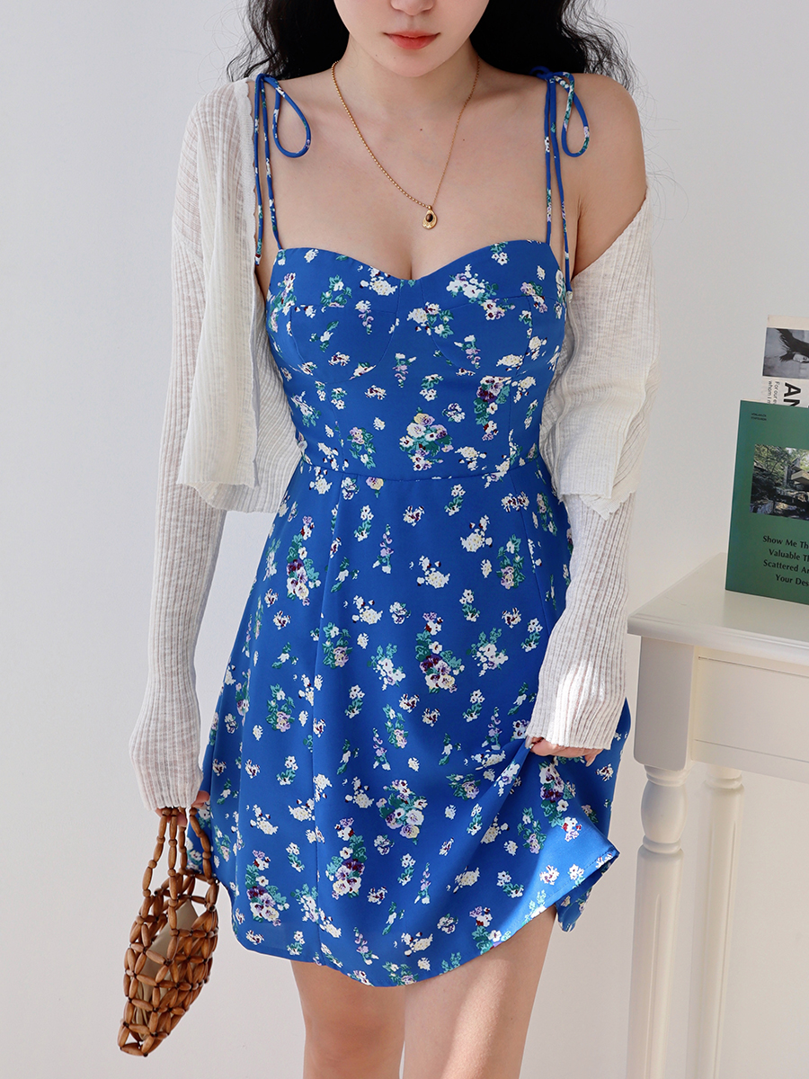 Blue Floral Spaghetti Strap Dress for Women - Summer A-Line Short Skirt with Shoulder Tie - European American Style, Vacation Ready