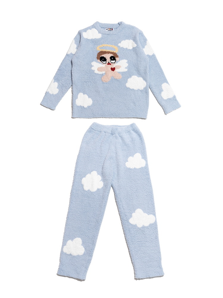 Blue Little Angel Pajama Set - Soft Warm Loungewear for Cozy Nights, Cute Fufu Style for Relaxation and Comfort