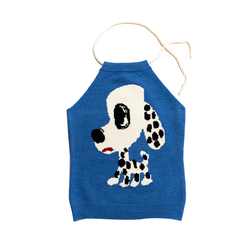 Blue Spotted Dog Neck Hanging Knitted Backless Tank Top - 2025 Autumn/Winter Fashion, Y2K Style