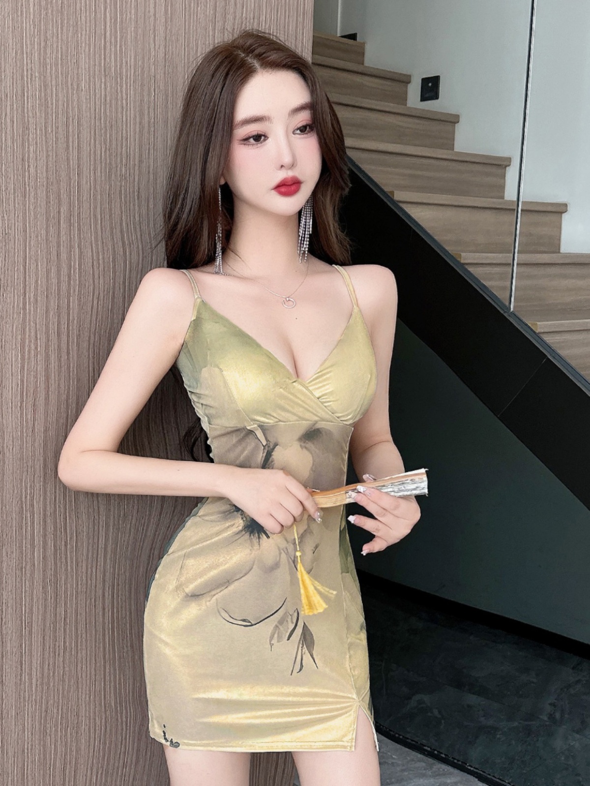 Bodycon Camisole Dress with Deep V Low-Cut and Printed Design - Sexy Slim Fit Nightclub Dress for Women - Summer Style