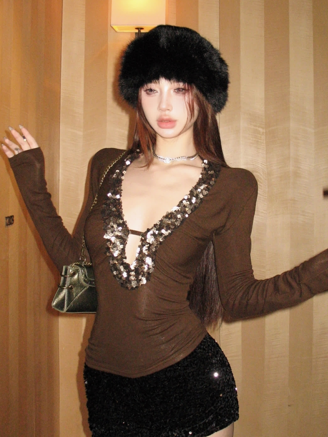 Brown Sequin Deep V-Neck T-Shirt for Women - Low-Cut Sexy Slim-Fit Knitted Top - Trendy Y2K Style