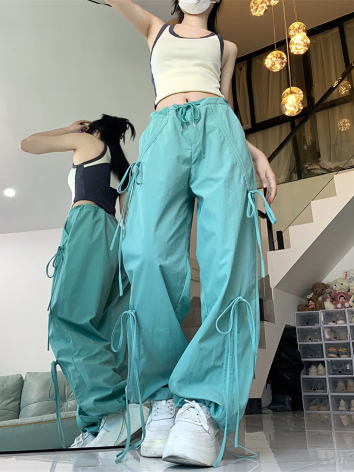 Butterfly Knot Strap Mint Mambo Cargo Pants for Women - Street Dance & Jazz Outfit, Perfect for Outings and Active Wear