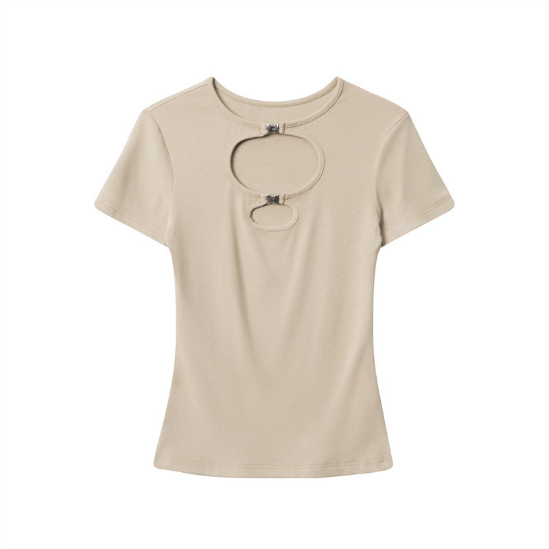 Camouflage Hollow Metal Buckle Design Short Sleeve T-Shirt for Women - Summer Thin Jazz Dance Top - Y2K Style