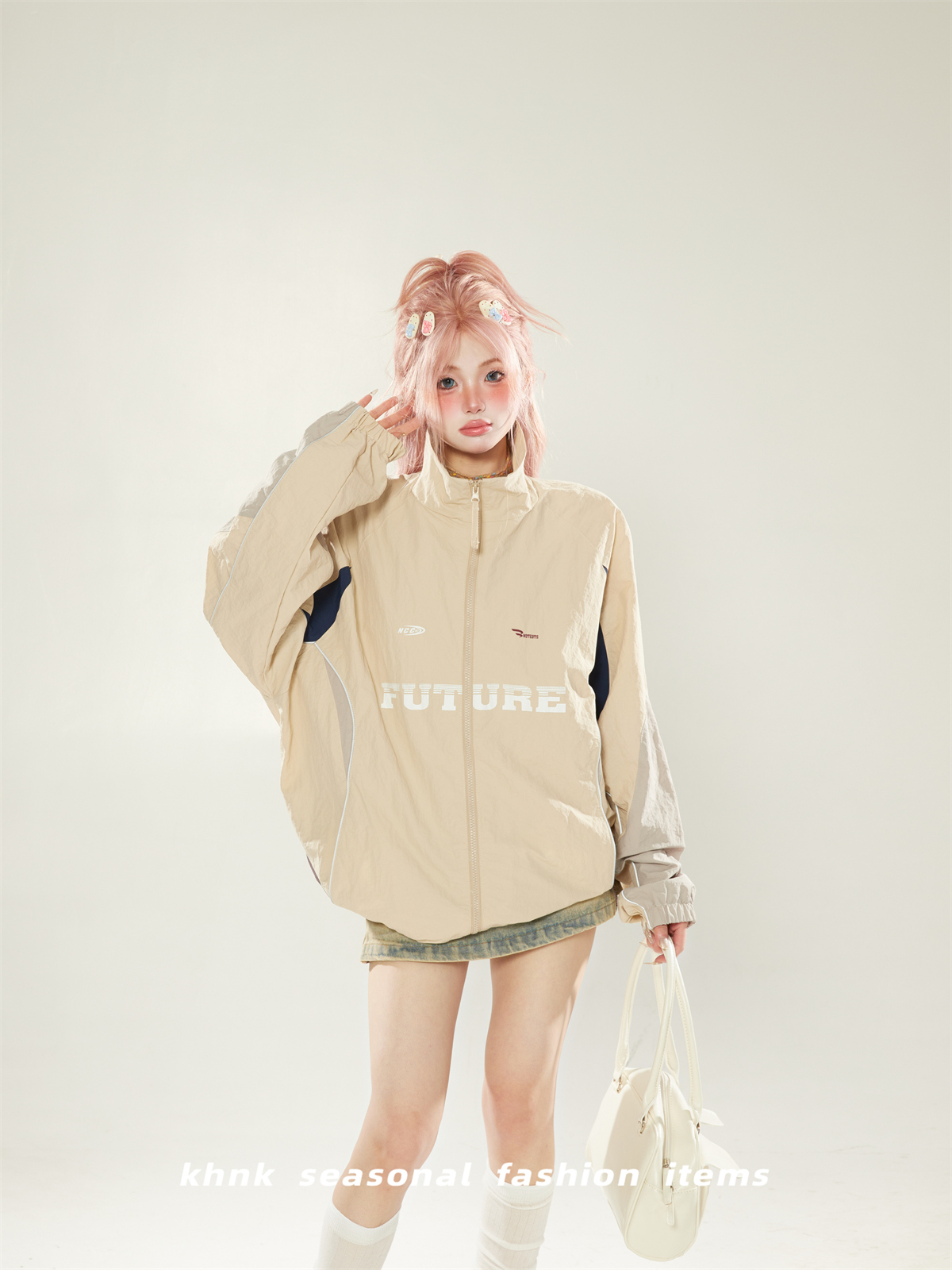 Casual Color-Blocking Stand Collar Jacket for Women - Trendy Loose Fit Spring Autumn 2025 American Style Outerwear
