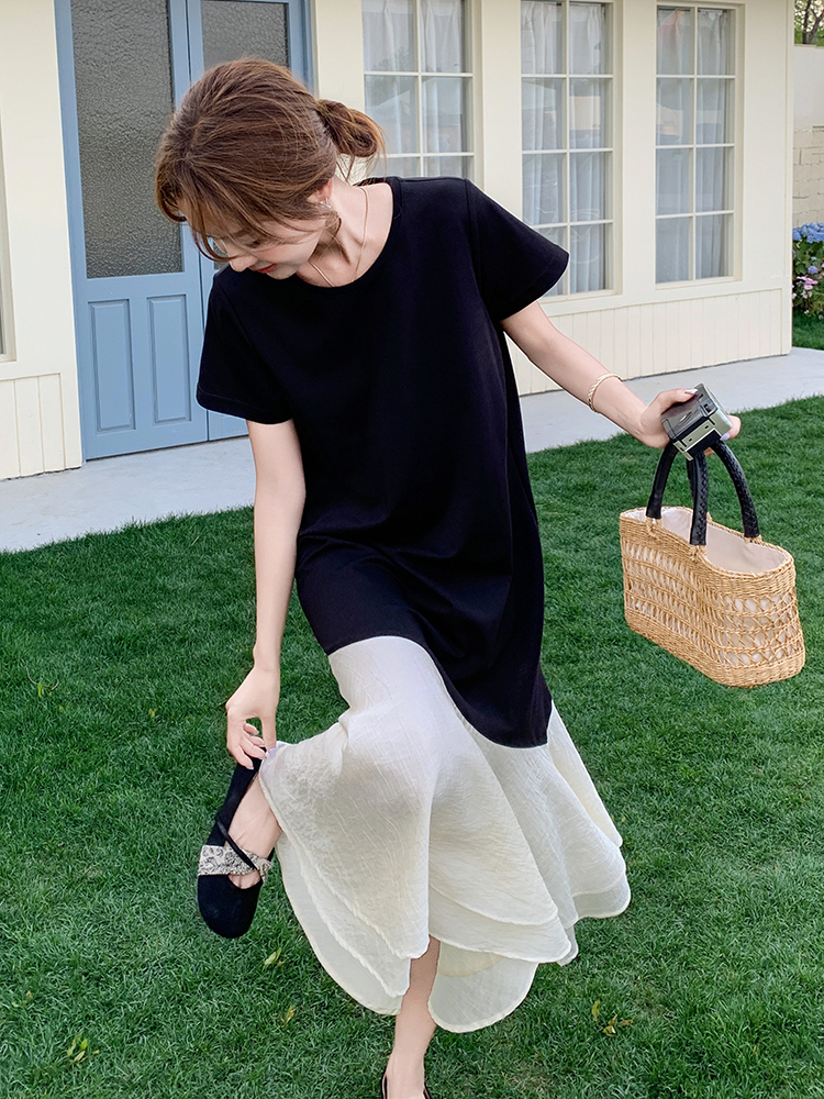 Chic Black T-Shirt Dress for Women - Summer Casual Spliced Fishtail Long Skirt, Relaxed Fit, Unique & Stylish