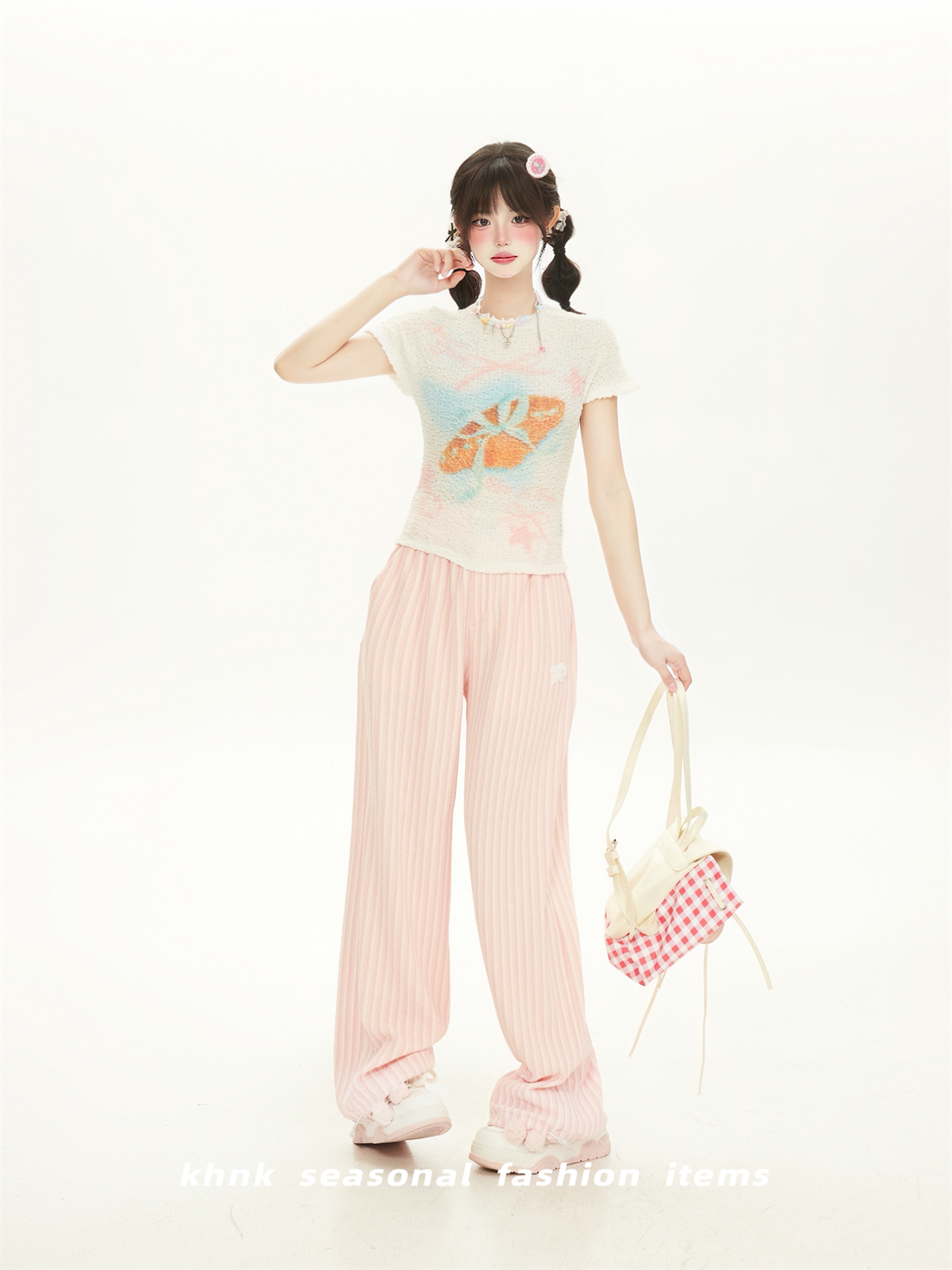 Chic Pink Printed High-Elastic Slim Short-Sleeve T-Shirt for Women with Ruffled Edges - Perfect Summer Top for Sweet Girl Style