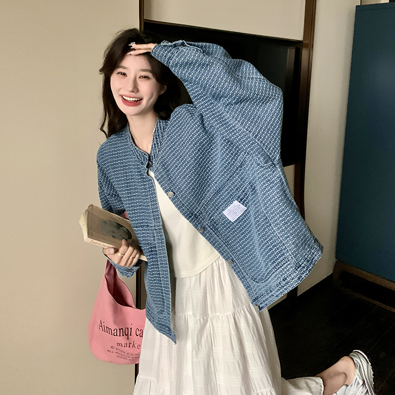 Chic Short Denim Jacket for Women with Stand Collar â€“ Trendy Korean-Style Design for Spring & Autumn 2025