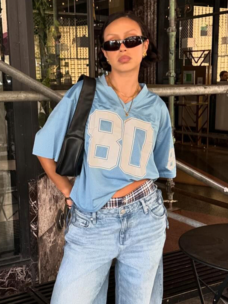 Color Block Digital Print Quick-Dry V-Neck T-Shirt for Women - Casual Loose Sports Top, American Vintage Trendy Style