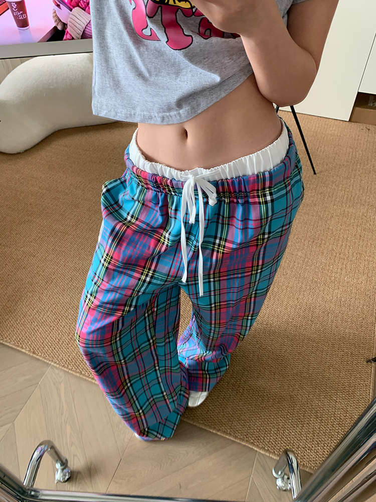 Color Block Plaid Draped Double Waist Casual Pants for Men and Women - Unisex Loose Wide Leg Style for Spring Summer Fashion