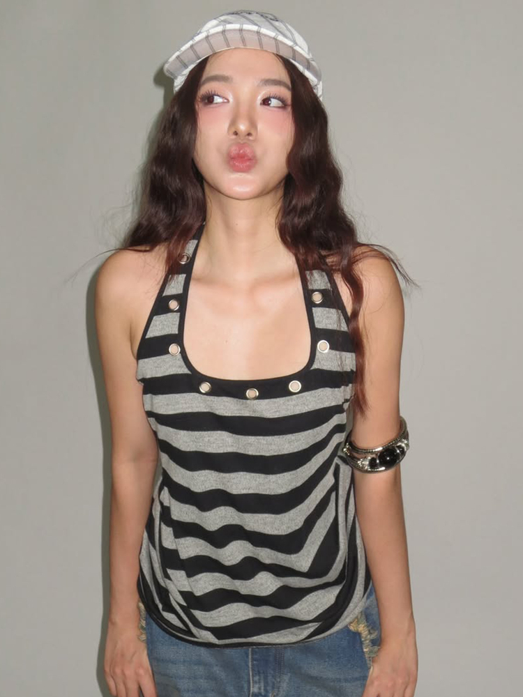 Color-Block Striped Halter Neck Vest for Women - Eyelet Hollow Low U-Neck Knitted Top - Casual Street Style Fashion
