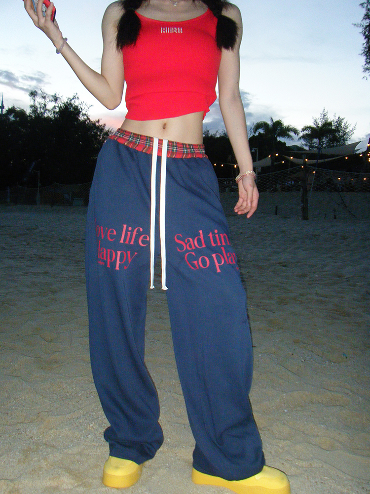 Color-Blocked Check Drawstring Straight-Leg Pants for Men and Women - American Retro Loose Casual Wide-Leg Long Trousers