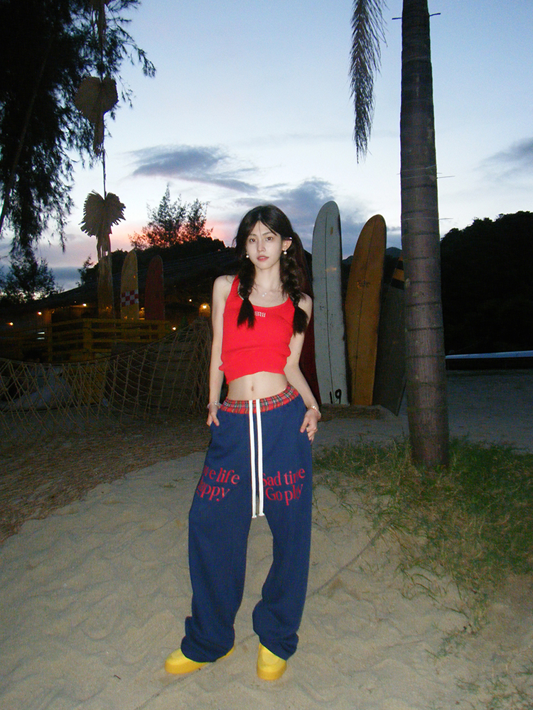 Color-Blocked Check Drawstring Straight-Leg Pants for Men and Women - American Retro Loose Casual Wide-Leg Long Trousers
