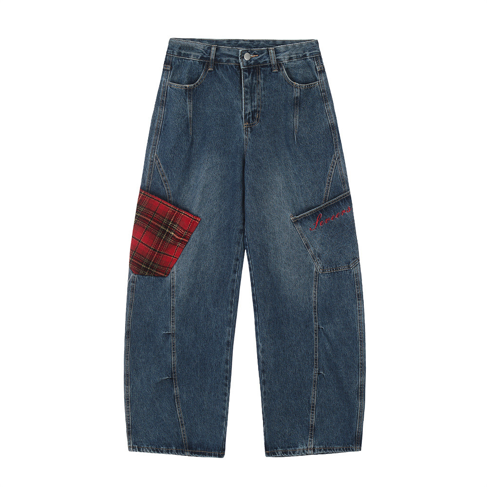 Color-Blocked Plaid Splicing American Jazz Dance Suit for Women with Curved Knife Jeans, Unique Design Top, Y2K Style
