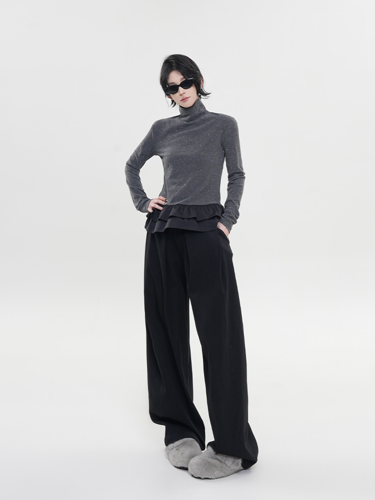 Color-Blocking Sequin High-Neck Long Sleeve T-Shirt for Women - Korean Style, Versatile Slim-Fit Base Layer Top for Autumn & Winter