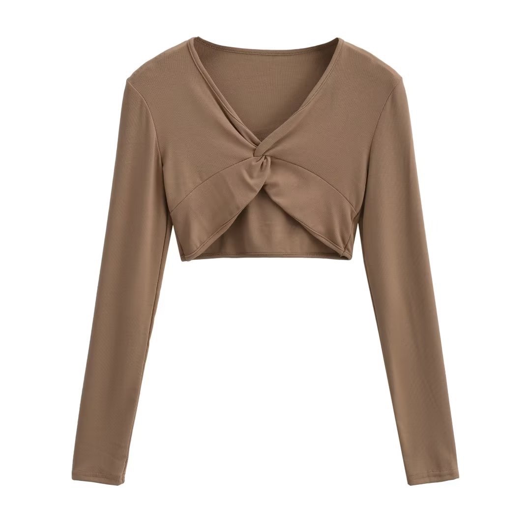 Cropped Brown Tie-Up Fitted Long Sleeve T-Shirt for Women - Jazz Dance Instagram Style, Sexy Y2K Fashion Top