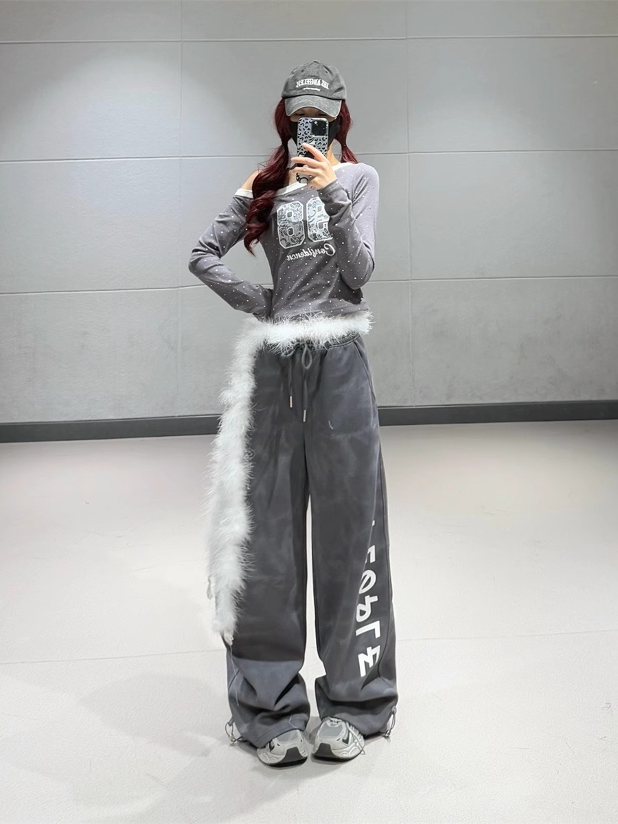 Dark Gray Tie-Dye Letter Print Sports Pants for Women, Elastic Waist Jazz Style K-Pop Casual Long Pants for Hot Girl Look