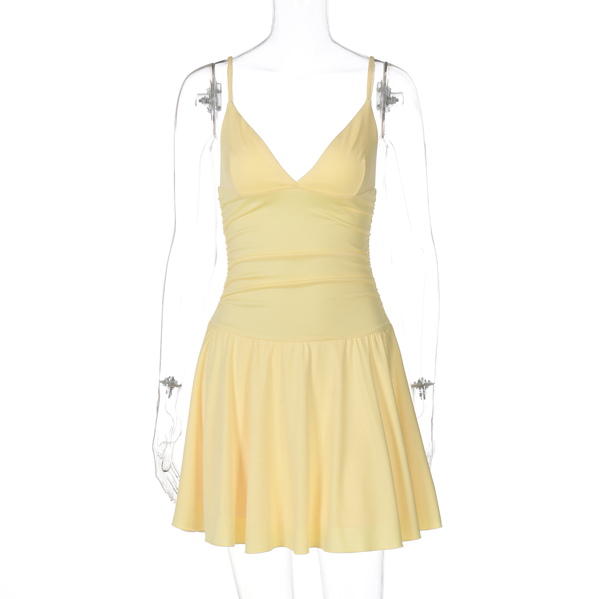 Deep V-Neck Backless Spaghetti Strap Dress for Women - Pleated High Waist Slim Fit Color-Blocked Summer Vacation Style