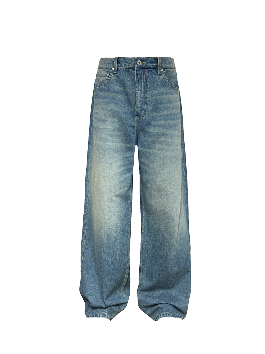 Distressed Straight Leg Blue Jeans for Women - Vintage Retro Wash Denim with Natural Whiskers, 90s Inspired Fashion, 13.5OZ
