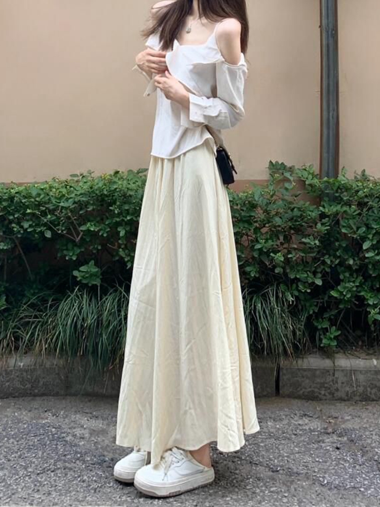 Elegant Apricot Midi Skirt for Women - French Style A-Line, Waist-Cinching, Flattering Summer Skirt, Lightweight and Chic