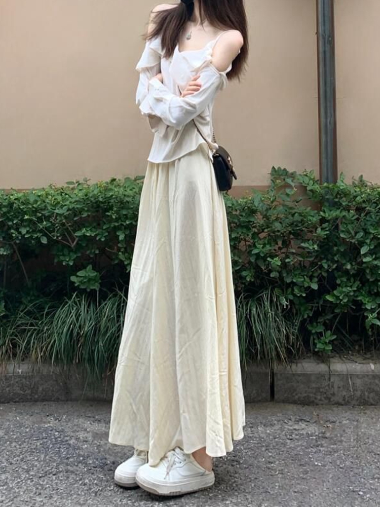 Elegant Apricot Midi Skirt for Women - French Style A-Line, Waist-Cinching, Flattering Summer Skirt, Lightweight and Chic