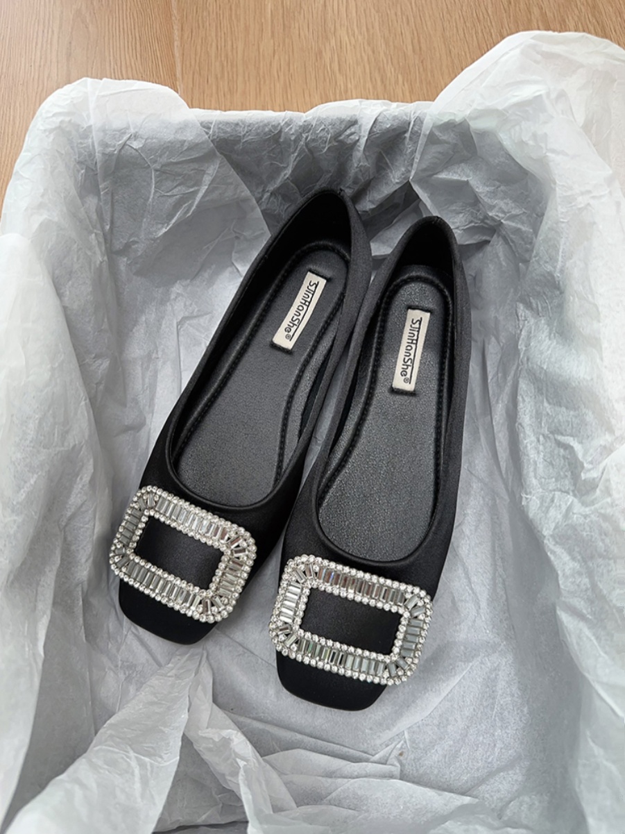 Elegant French-Style Women's Flats with Rhinestones, Square Toe, Shallow Mouth - High-End Commuting & Evening Shoes for Spring 2025